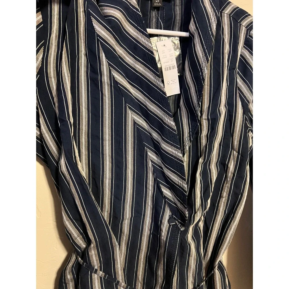 J.Crew Women Navy Blue White Striped Wrap Top Shawl Collar Long Sleeve XS‎ BG322